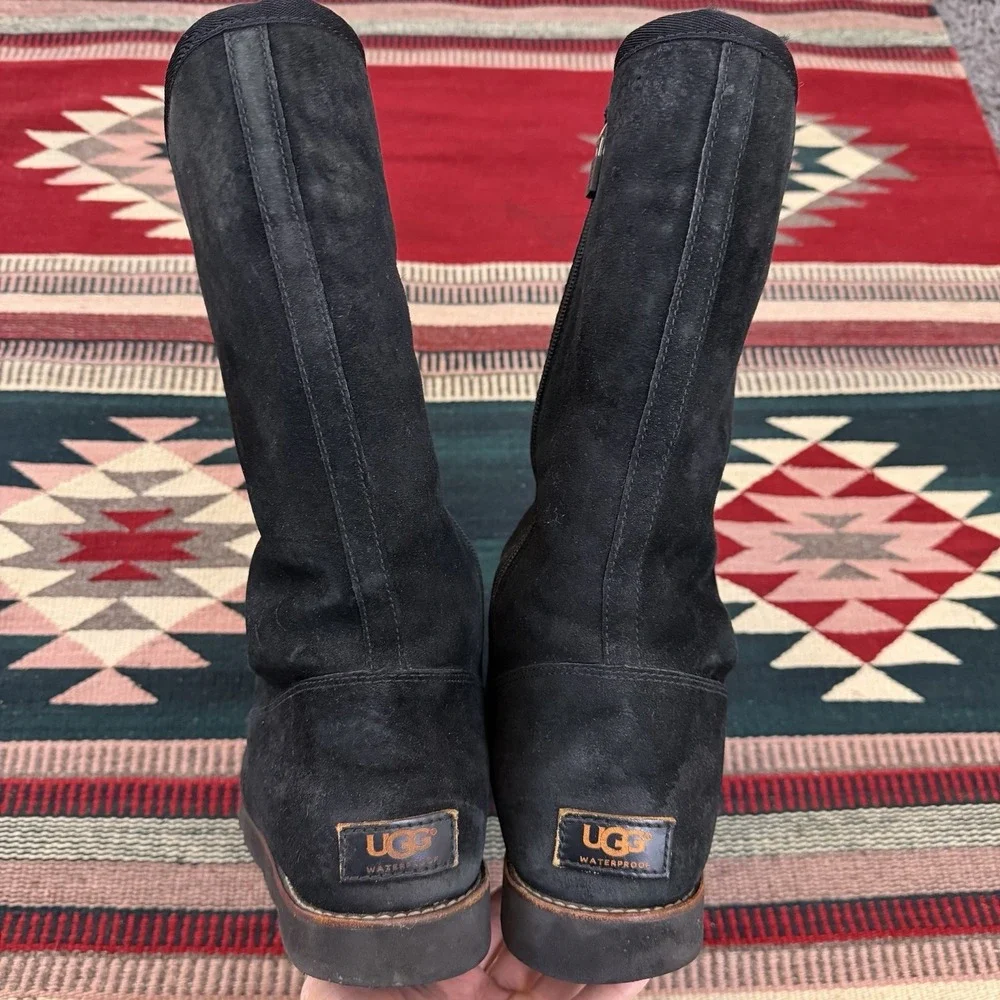 UGG Etta Tall Boots Sz‎ 10 Black Suede Leather Sheepskin Warm Waterproof Gothic